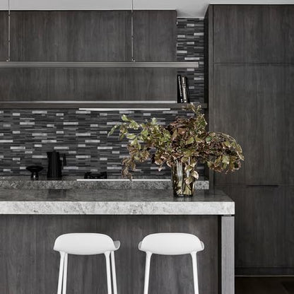 STICKGOO Peel and Stick Backsplash Tile, Stick on Backsplash for Kitchen and Bathroom, Black Grey Wood Look PVC Mixed Metal Silver Self Adhesive Wall Tiles(10 Sheets) - color: Black Grey with Metal Silver