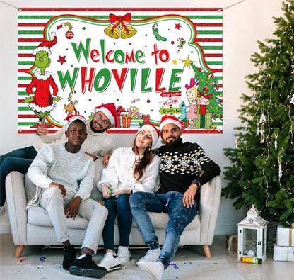 Sunwer Welcome Xmas Photo Booth Backdrop Green Christmas Winter Holiday Party Decorations Home Indoor Outdoor Wall Hanging Banner (White-A, 7×5ft) - size: 7×5ft