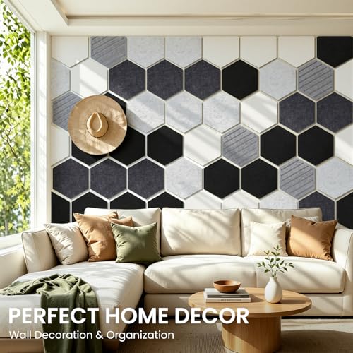 Hexagon Cork Bulletin Board Tiles, 10 Pack Felt Board with 25 Push Pins, Photo Display Board for Office & Home Classroom Wall Decor, 11.8x10.2 Inches - color: Black