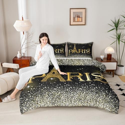 Erosebridal 3 Pcs Eiffel Tower Comforter Set,City Building of Paris Quilted Comforter King Size,Gold Yellow Ombre Glitter Bedding Set with 2 Pillow Cases - color: Multi 30, size: King