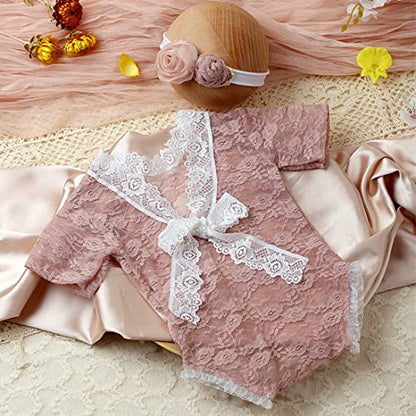 Baby Photography Props Outfit Lace Rompers Newborn Girl Photo Shoot Outfits Flower Headband Princess Costume - color: Lotus Color