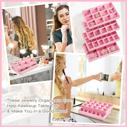 Junkin 12 Pcs Jewelry Tray Velvet Stackable Jewelry Organizer Trays Divided Earring Accessories Storage Containers Box (Rose Red) - color: Pink