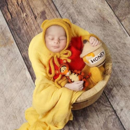 Newborn Baby Photography Props Outfits Cute Bear Hat Romper Set Infant Baby Boy Girl Photoshoot Props Costume ﻿ - color: Yellow