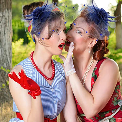Fascinators Hats with Gloves Set for Women 20s 50s Cocktail Tea Party Wedding Costume Headwear - color: B-navy