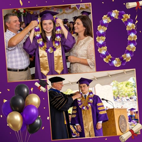 Sherr 24 Pcs LED Leis Light Up Purple and Gold Hawaiian Flower Necklaces, Graduation 2026 Party Supplies, Class of 2026 Leis for Beach Wedding Luau Glow Party Favors - color: Purple Gold