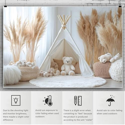 YongFoto Bear Theme Backdrop 6x4ft Tent Blanket Pampas Boho Photography Background Baby Shower Cradle Ceremony Kid Birthday Party Banner Baby Portraits Photoshoot Wallpaper Photo Studio Booth Prop - color: Style 6, size: 6ftx4ft