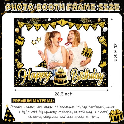 Turypaty Birthday Party Decorations for Boys & Girls - Black & Gold Photo Booth Props & Selfie Frame Set