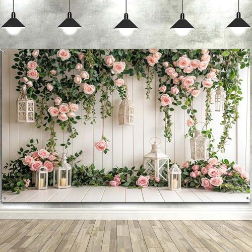 7x5FT Flowers Backdrop Pink Rose Floral Photography Background for Wedding Bridal Baby Shower Birthday Party Backdrop Banner Decorations Supplies Photo Booth Props - color: Green Pink-02, size: 7X5FT