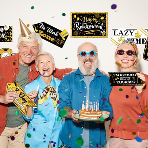 Hooqict Retirement Party Decorations 20 Pieces Happy Retirement Party Signs for Black and Gold Retirement Theme Party Decor Directional Banner Sign Retirement Birthday Party Supplies - style: Retirement