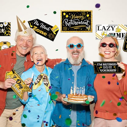 Hooqict Retirement Party Decorations 20 Pieces Happy Retirement Party Signs for Black and Gold Retirement Theme Party Decor Directional Banner Sign Retirement Birthday Party Supplies - style: Retirement