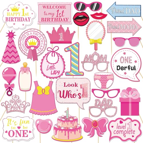 30Pcs Pink Girl's 1st Birthday Photo Booth Props Kit, Gender Reveal Decorations Camera Props, New Dad New Mom It' s a Girl Party Photography Supplies