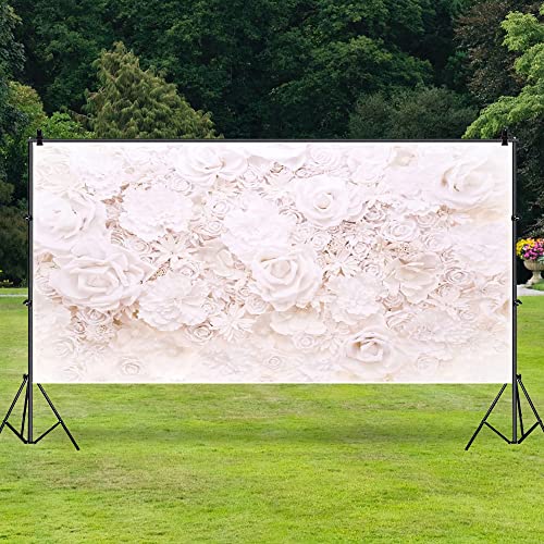 AOFOTO 15x8ft White Flowers Wall Backdrop Elegant Roses Romantic Wedding Bridal Shower Photography Background Baby Shower Party Valentines Mother's Day Photo Banner Studio Props Wallpaper - size: 15x8ft