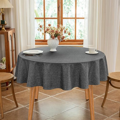 Seenus Faux Linen 60 Inch Gray Round Tablecloth fits 30'' to 48'' Table, Textured Stain Resistant & Washable Table Cloth for 2-4 Seats Circle Dining Table Kitchen Patio - color: Dark Grey, size: 60" (Round)