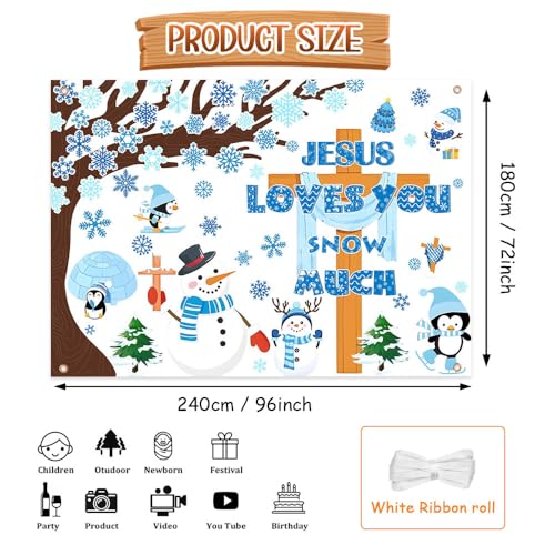 AIBIIN Winter Jesus Backdrop Winter Bulletin Board Decorations Banner Snowman Jesus Loves You Snow Much Photography Background Church Christmas January Party Banner Props 8x6ft - color: Blue, size: 8x6ft