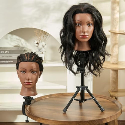 20-22 Inch Mannequin Head Human Hair with Stand,100% Real Human Hair Mannequin Head for Braiding,Cosmetology Manikin Doll Head for Styling with Table Clamp Hair Braiding Set(Brown) - color: 30 Black
