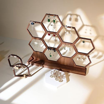 hexagonal jewelry earring display stands for selling, wooden necklace jewelry organizer hanging, walnut earring hanger dangle holder for show, home decor【Jewelry shelf-Hexagon】