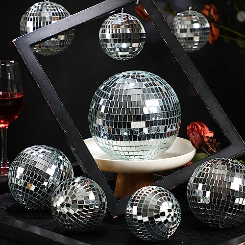 Haull 8 Pcs Large Disco Ball Set Silver Mirror Disco Reflective Ball with Hanging Ring Party Ornament Decoration for Stage Club Ballroom Dance Hall Wedding Prom Props(3'', 4'', 6'') - size: 3'', 4'', 6''