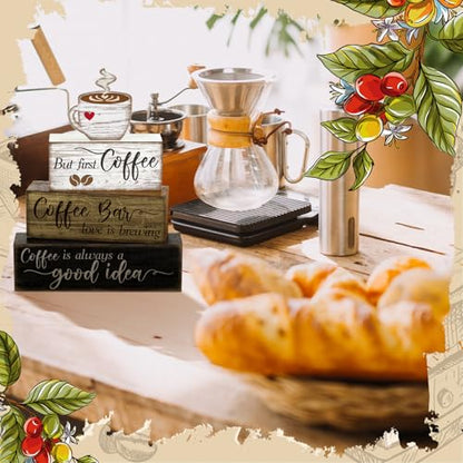 Moucuny 4 Pcs Wooden Coffee Bar Tabletop Decor Coffee Tiered Tray Decor Rustic Wood Bar Sign Gift Farmhouse Table Centerpiece Farmhouse Decorations for Home Kitchen - style: Coffee Bar