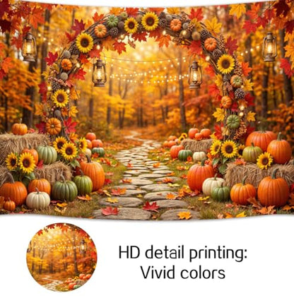 7 x 5 ft Fall Backdrop Autumn Scenery Sunflower Arch Maple Leaves Forest Leaves Pumpkins Background Fall Farm Rustic Trail Thanksgiving Harvest Party Supplies Banner Picture Photo Booth - color: Multi9, size: 7x5ft