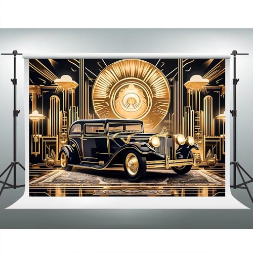 Roaring 20s Background 10x8ft Black Gold Retro Texture Background for 20's Prom Party Decor Portrait Photo Shoot 1920s Vintage Car Backdrop Photography Studio Set Props - size: 10x8ft