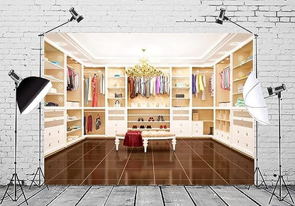 BELECO 5x3ft Fabric Luxury Cloakroom Backdrop Modern Apartment Interior Dressing Room White Wardrobe Closet Chandelier Background for Video Conference Zoom Meetings Home Office Photo Studio Props