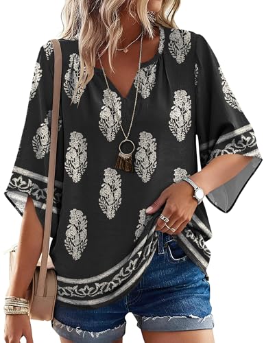 LOMON Women's 3/4 Length Sleeve Boho Tops V Neck Casual Vacation Clothes Loose Fit Tunic Shirts S-3XL - color: Black Floral, size: Large