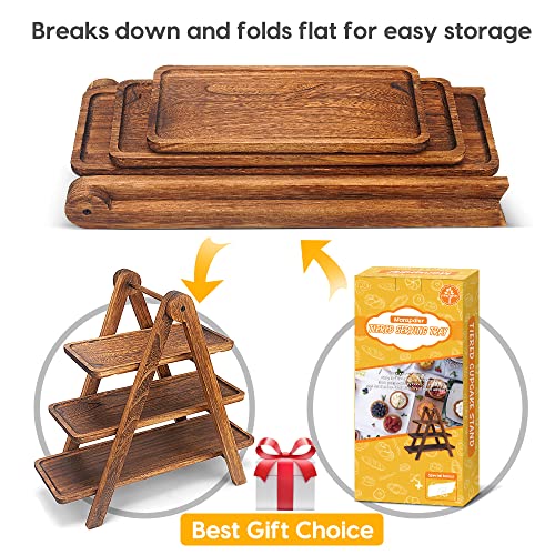Manspdier Extra Large Wood 3 Tier Serving Tray Three Tiered Cupcake Stand, Rectangle Serving Platter Wooden Farmhouse Tiered Tray, Party Serving Brown Decorative Tray Decor - size: 17.2X7.5 Inch