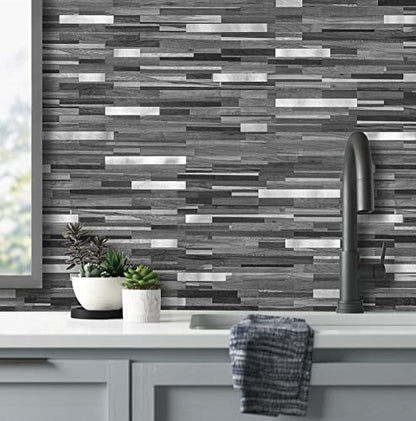 AULIGET Peel and Stick Backsplash, PVC Mixed Metal Stick on Bathroom Backsplash (2, Black & Grey Wood Look) - color: Black Grey Wood + Metal Silver, size: 2 Sheets, 6"x12"x0.12"