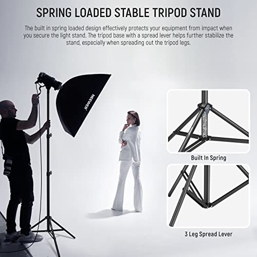 NEEWER Photography Light Stand 2.85-6.6ft/87-200cm, Spring Loaded Aluminum Tripod Stand with ø28mm Thicker Tube Diameter for Ring Light/LED Light/Strobe Flash/Softbox, Max Load 22lbs, ST-200 - size: 200cm