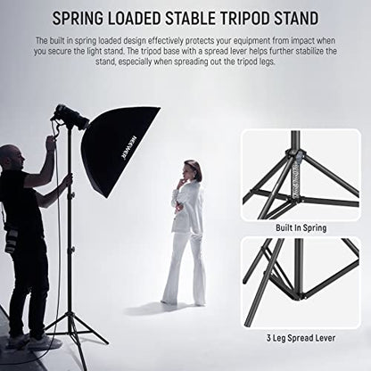 NEEWER Photography Light Stand 2.85-6.6ft/87-200cm, Spring Loaded Aluminum Tripod Stand with ø28mm Thicker Tube Diameter for Ring Light/LED Light/Strobe Flash/Softbox, Max Load 22lbs, ST-200 - size: 200cm