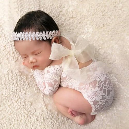 Newborn Photography Props - Lace Romper with Headband for Infant Photo Shoot - Girls Photoshoot Outfit (White) - color: White