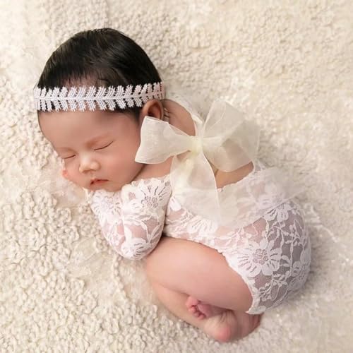 Newborn Photography Props - Lace Romper with Headband for Infant Photo Shoot - Girls Photoshoot Outfit (White) - color: White