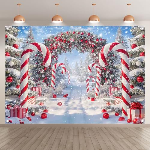 Fabric 7x5ft Merry Christmas Cane Candy Photography Backdrop Winter Snow Scene Xmas Tree Background New Year Eve Party Decoration Holiday Photo Banner Props - size: 7'x5'