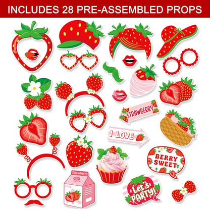 28 Pcs Strawberry Photo Booth Props Berry Sweet Theme Selfie Props for Summer Fruits Birthday Wedding Party Decoration Supplies