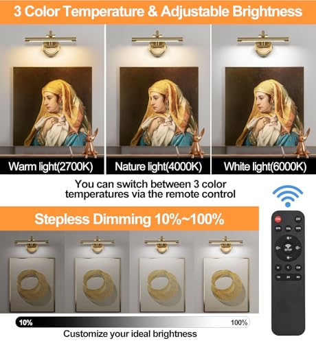 Rechargeable Picture Light for Wall, Dimmable Art Lights for Painting, Battery Operated Wall Sconce with Remote, 3 light Color,Timer & Brightness Setting for Artwork, Gallery(Brass, 12inch) - color: Brass, size: 12inch