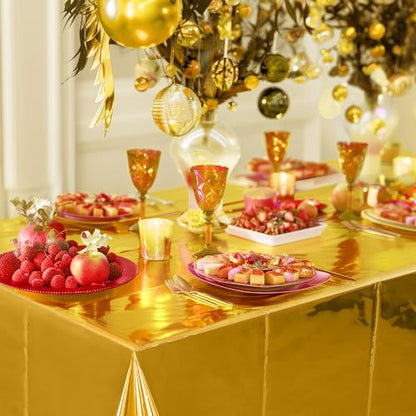 Just Shimmer 2pcs Gold Foil Tablecloth 54 * 72 Inch Plastic Wedding Birthday Party Table Cloths Waterproof Disposable Table Cover for Christmas Graduation Elegant Event Anniversary Party Supplies - color: Golden
