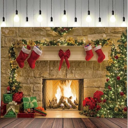 9x6ft Christmas Fireplaces Backdrop Marble Fireplace Blazing Flames Christmas Tree Stockings Photography Background Family Party Kids Adult Portraits Decor Banner Studio Photo Props - size: 9x6ft-polyester