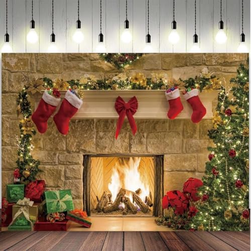 12x8ft Christmas Fireplaces Backdrop Marble Fireplace Blazing Flames Christmas Tree Stockings Photography Background Family Party Kids Adult Portraits Decor Banner Studio Photo Props - size: 12x8ft-polyester