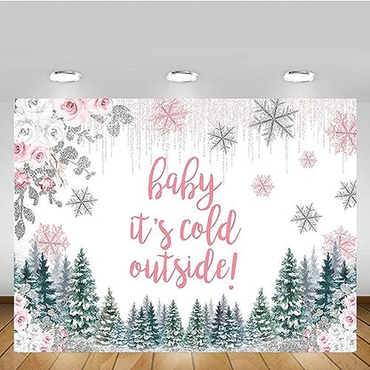 MEHOFOND 7x5ft Winter Baby Shower Backdrop for Girls Baby It's Cold Outside Pink Floral Photography Background Little Snowflake Pine Tree Oh Baby Party Banner Decorations Photo Booth Props