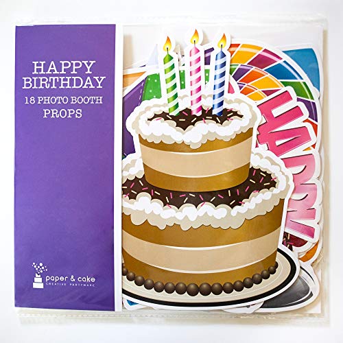 Happy Birthday Party Photo Booth Props | 18 Piece Set by Paper and Cake | Includes Cake, Balloon, Candles, and More | Perfect for Birthday Celebrations
