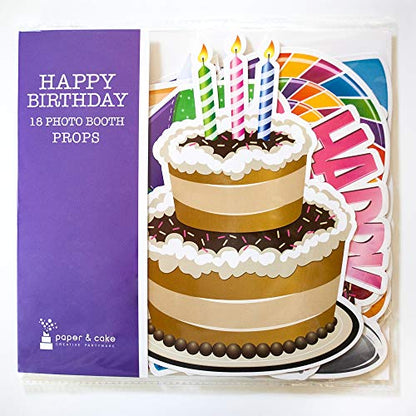 Happy Birthday Party Photo Booth Props | 18 Piece Set by Paper and Cake | Includes Cake, Balloon, Candles, and More | Perfect for Birthday Celebrations
