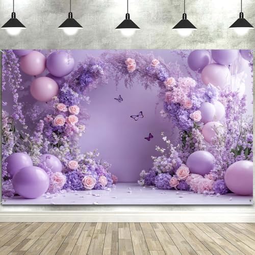 7x5ft Purple Floral Butterfly Backdrop Lavender Flower Butterfly Balloon Photography Background for Girls Birthday Party Princess Weeding Bridal Baby Shower Backdrop Photo Studio Props - color: Purple Pink-04, size: 7X5FT