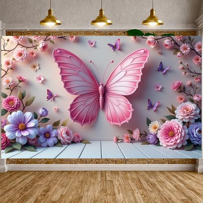 Spring Garden Party Decorations Butterfly Flower Banner Photography Background for Girls Women Bday Party Banner Backdrop Photo Booth Props Decor for Spring Wedding Garden 70.9x43.3INCH