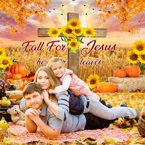 deFouliao Fall Backdrop Autumn Harvest Thanksgiving Maple Leaves Pumpkins Wooden Cross with Sunflower Background Banner Thanksgiving Party Supplies Photo Booth Props, 9x6ft - color: Yellow, size: 9x6ft