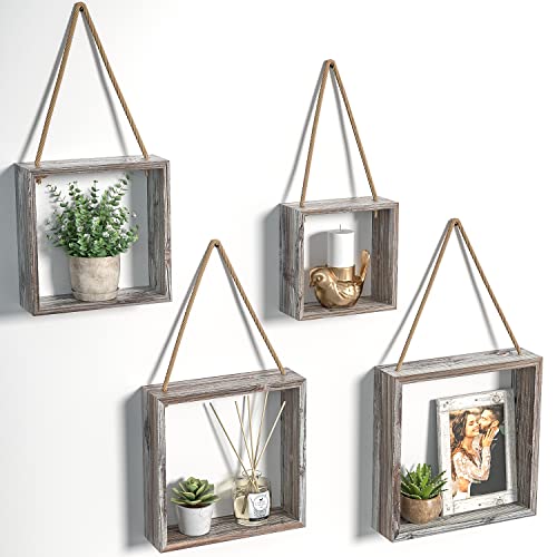 J JACKCUBE DESIGN Wall Decor Floating Hanging Square Shelves Wall Mounted Rustic Wood Cube Display Shelf Shadow Boxes Decorative Boho Home Décor for Living Room, Bedroom, Office, Set of 4 - MK571A - color: Rustic Wood