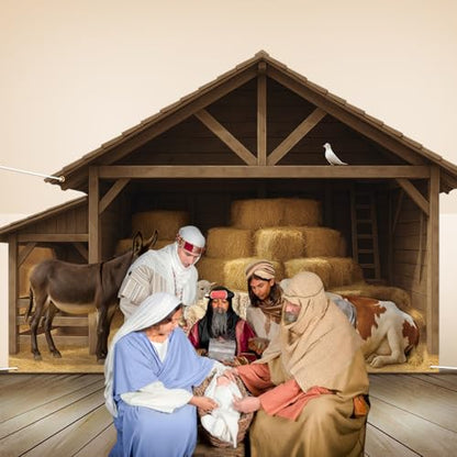 Panelee 9.8x6.5ft Christmas Nativity Backdrop Decoration Nativity Stable Scene Backdrop Banner Farm Barn Manger Straw Bales Haystack Yard Garage Door Wall Decor for Xmas Holiday Party Decor - style: Classic