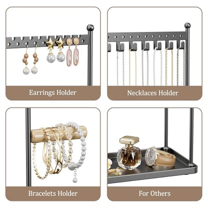 3 Tier Black Jewelry Stand, Necklace Organizer, Earring Holder with 44 Holes and 9 Hooks, for Necklaces, Bracelets, Rings - color: Black