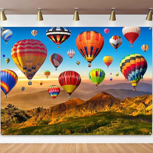 Hot Air Balloon Backdrop Bridal Wedding Rainbow Sky Colorful Mountain Photography Background Baby Shower Children's Adult Birthday Party Decoration Supplie Portrait Photo Studio Props 10X7ft - size: 10x7ft