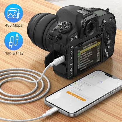 for Lightning to Mini USB Camera Adapter Cable MFi-Certified for iPhone 14 13 12 11 XR 7 Plus Import Photos Video Mini-B USB DSLR Camera OTG Cable for Canon 100D/Nikon D610, Nylon Braided Cord 3.3ft