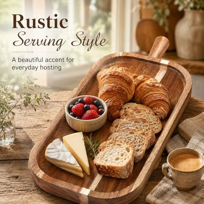 Acacia Wood Serving Board with Handle Rectangular Charcuterie Tray Acacia Dinner Platter with Natural Grain Finish Mom Gift for Food Meat Bread Appetizer Snack(16''l X 7.65''w X 1.25''d) - size: 16" x 7.7" x 1.3"